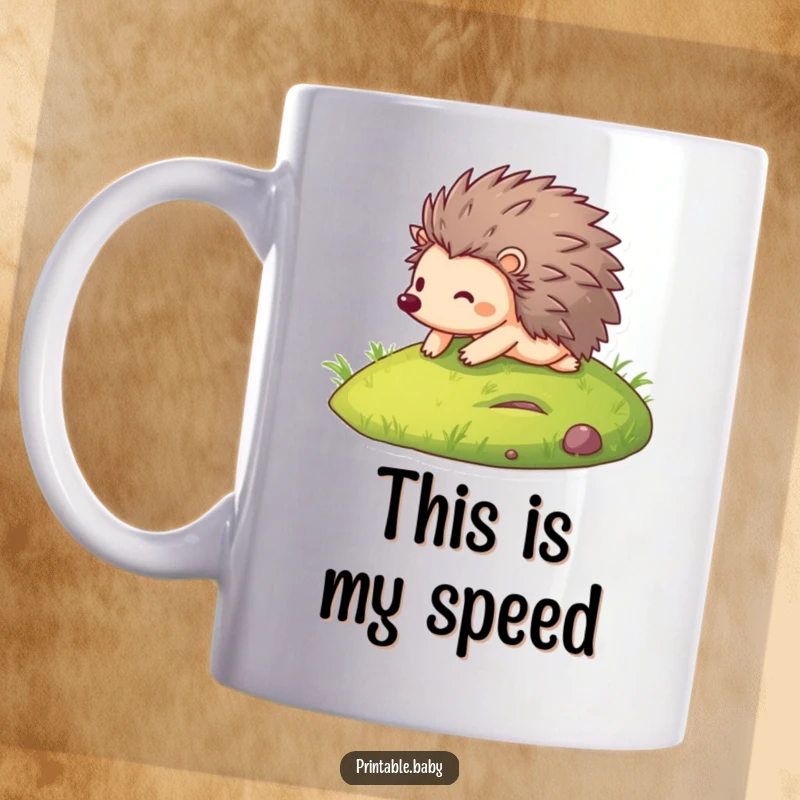 Funny mug featuring a joyful hedgehog joyfully rolling down a vibrant green grassy hill, capturing pure, unadulterated fun.