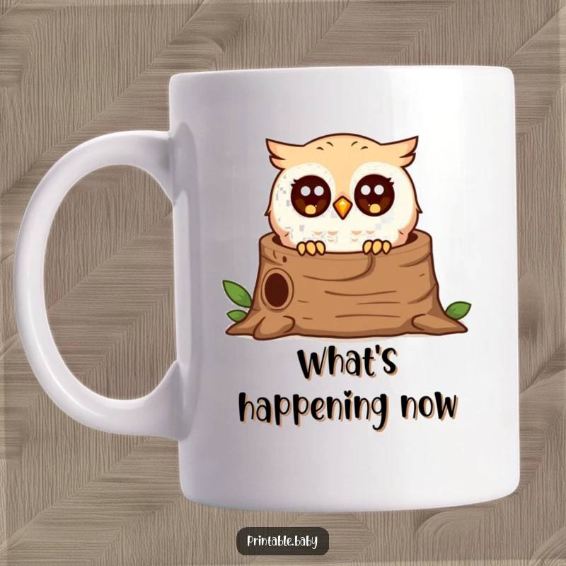 Funny tiny owl mug, wide surprised eyes peeking from hollow log, cute and humorous gift for nature lovers.