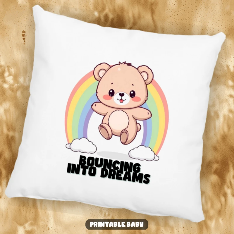 Funny pillow with a fluffy bear cub bouncing on a colorful rainbow, offering soft, humorous, and joyful comfort.