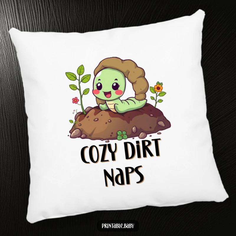 Funny happy worm joyfully tunneling through vibrant soil, leaving a trail, a humorous pillow for cozy, earthy comfort.