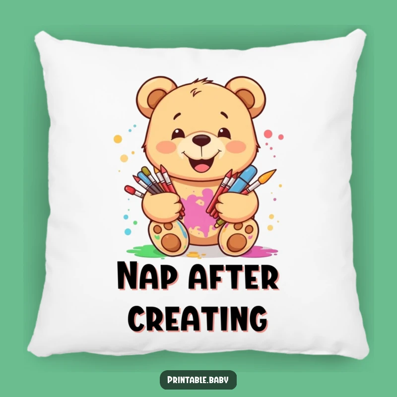 Cozy Funny Art Bear Pillow: Smiling Teddy, Paint Splatters for a Creative Touch