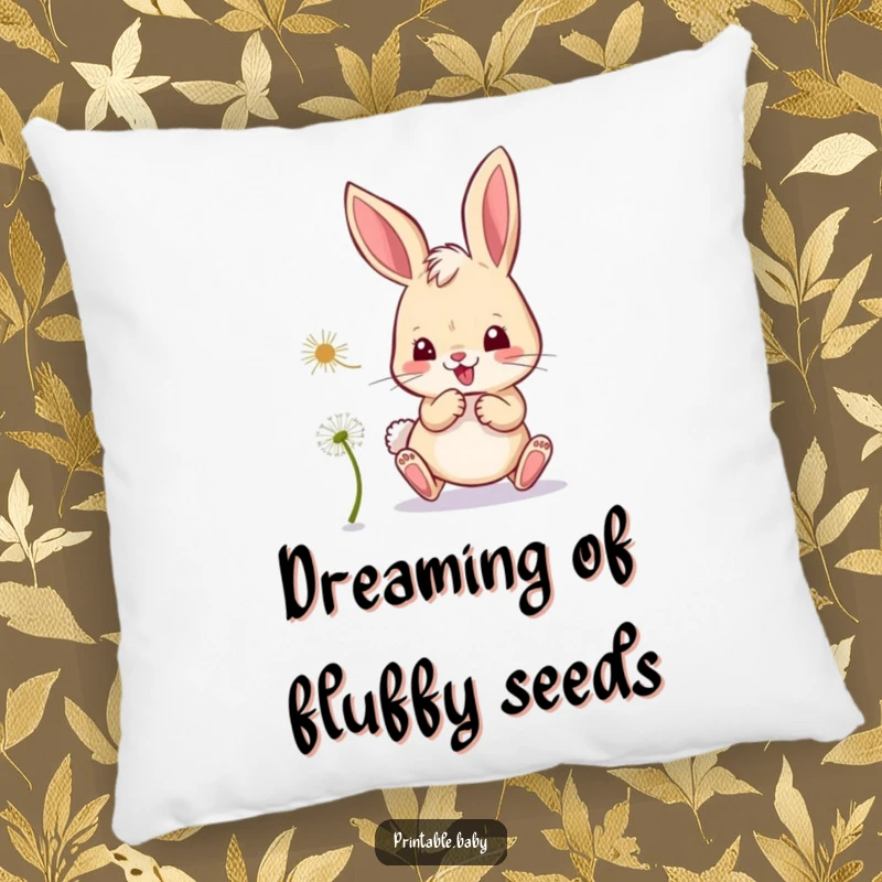 Funny bunny pillow, mischievous bunny playfully chasing a dandelion seed, for comfort and decor.