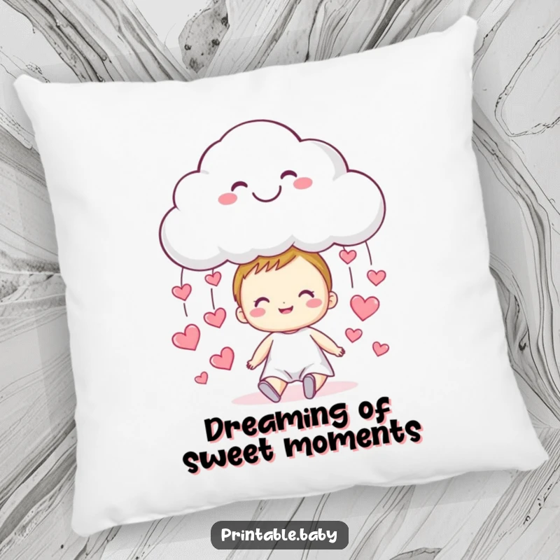Funny cloud pillow, smiling and raining hearts onto a happy child, for comfort and decor.