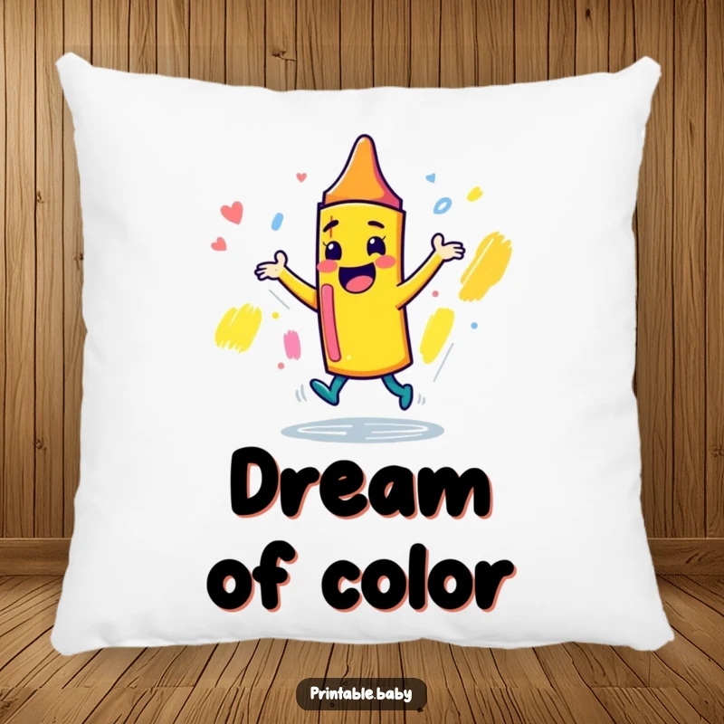 Funny playful crayon character pillow, dancing joyfully around a sketchbook, providing soft comfort with a creative and playful touch.