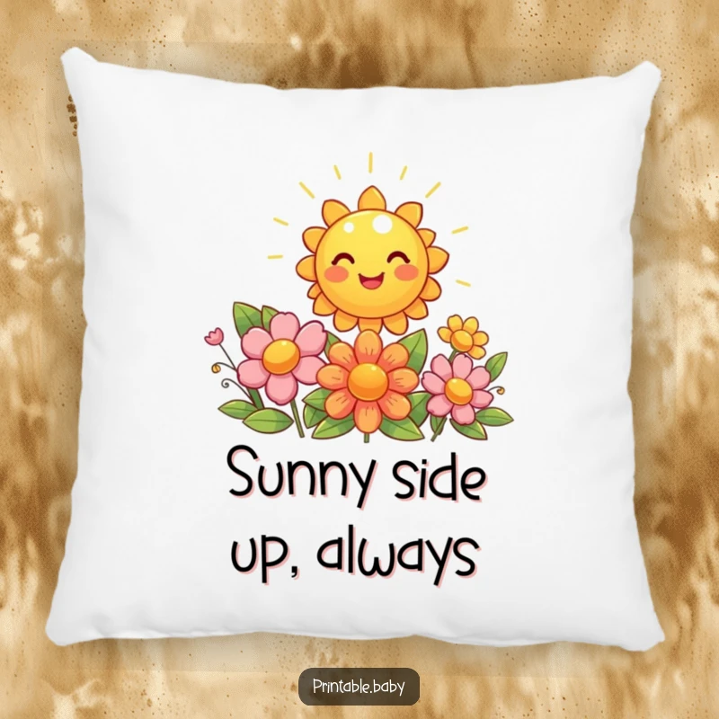 Funny sun pillow, giggling sun shining brightly on beaming flowers, for comfort and decor.