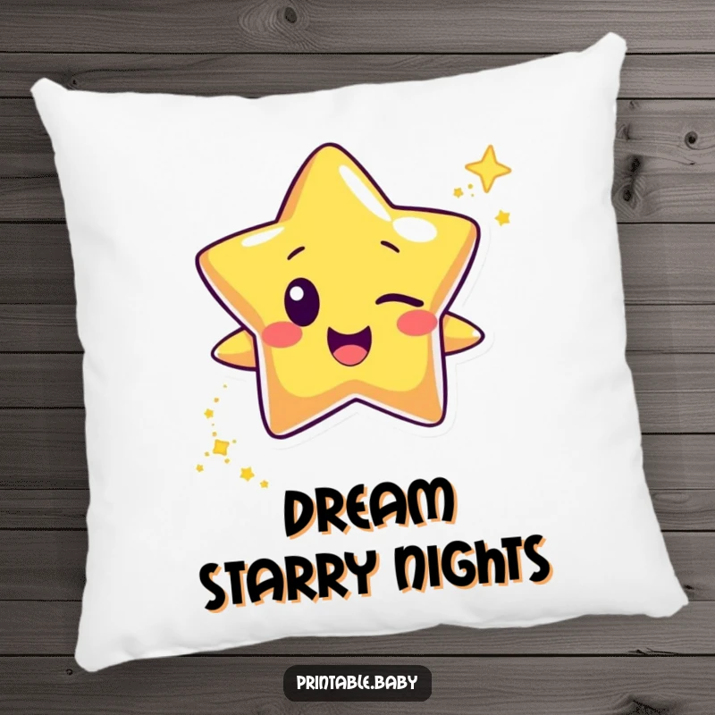 Funny happy star character pillow, winking and leaving a trail of glitter, providing soft comfort with a magical and playful touch.