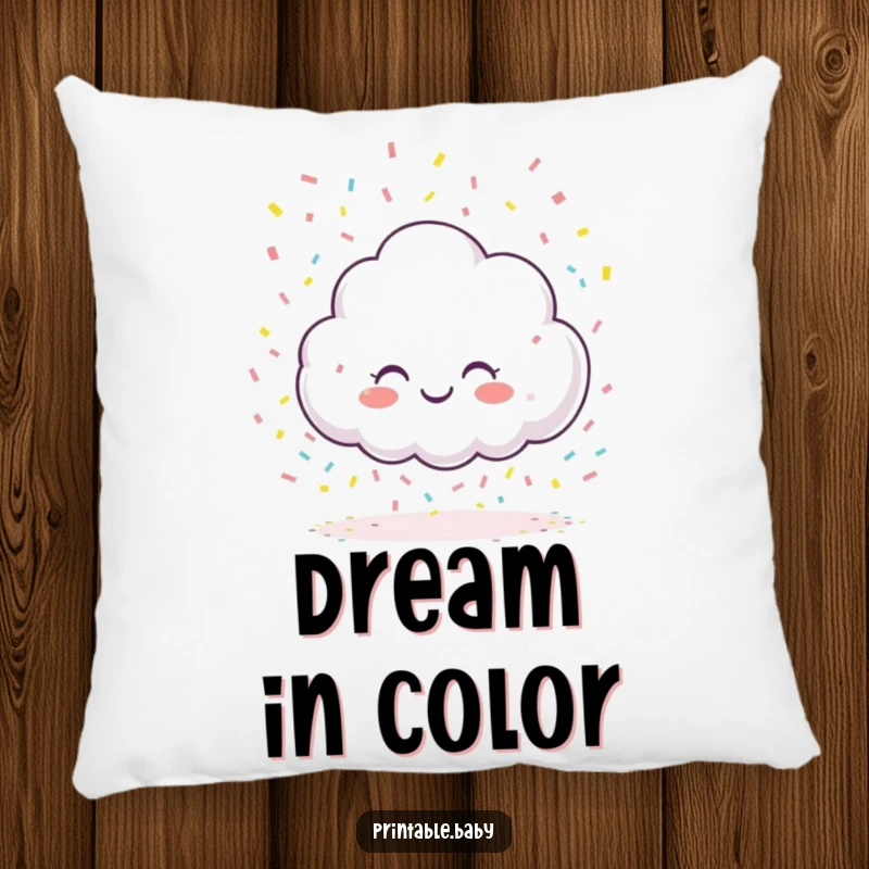 Funny giggling cloud character pillow, raining colorful confetti onto a blank page, providing soft comfort with a creative and playful touch.