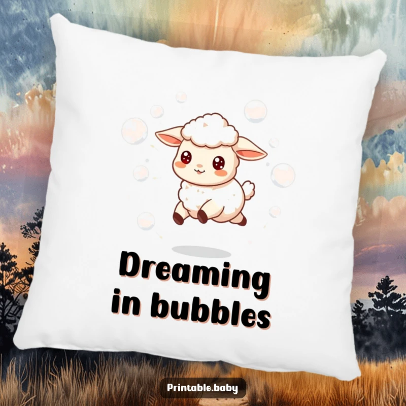 Funny pillow featuring a happy lamb skipping joyfully, surrounded by a cloud of delicate floating bubbles.