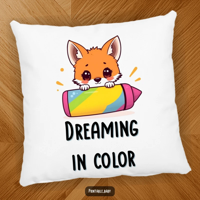 Funny decorative pillow with a surprised fox cub peeking over a giant colorful crayon, perfect for adding whimsical charm.