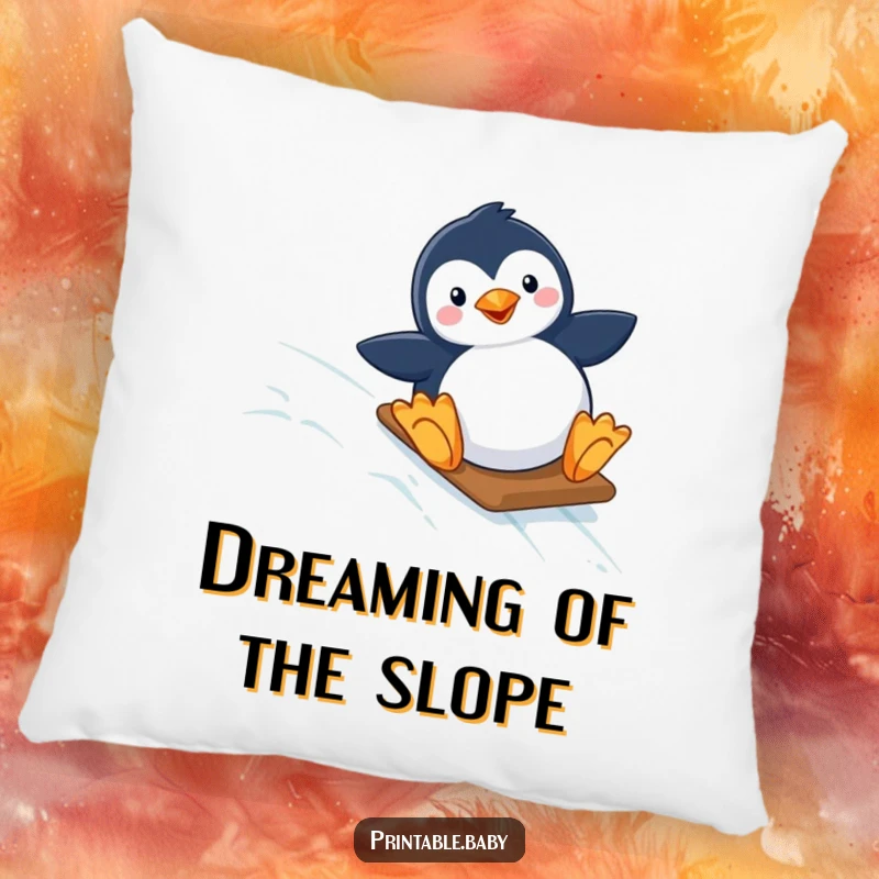 Funny pillow featuring a happy penguin enjoying a slide down a starry, icy slope, offering comfort and a touch of arctic humor.
