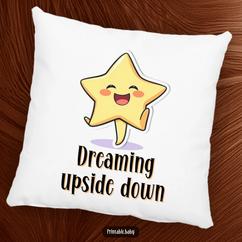 Funny pillow featuring a smiling star sticker character doing a cartwheel on textured paper.