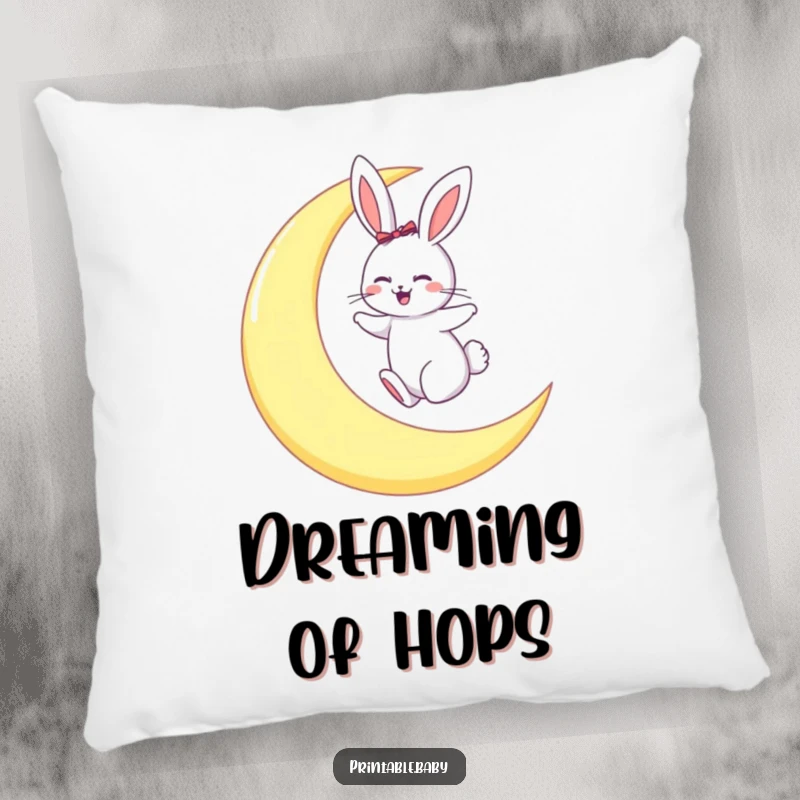 Funny pillow featuring a giggling bunny hopping playfully on a large crescent moon, offering dreamy comfort.