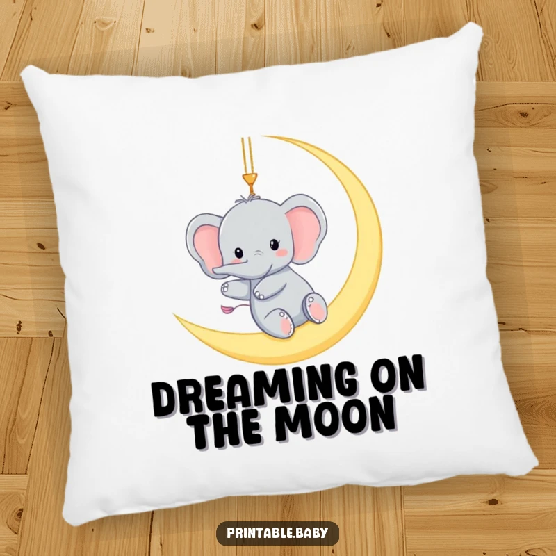 Funny pillow with a tiny elephant gleefully swinging from a crescent moon, offering soft, humorous, and magical comfort.