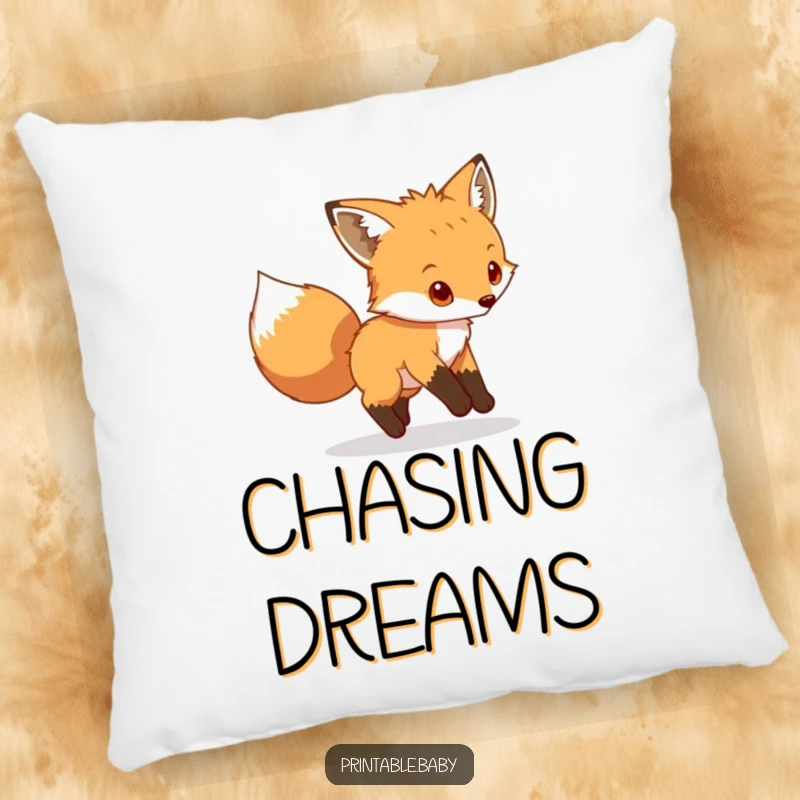 Funny fox cub pillow, playful animal chasing its tail, soft and humorous decorative item for cozy spaces.
