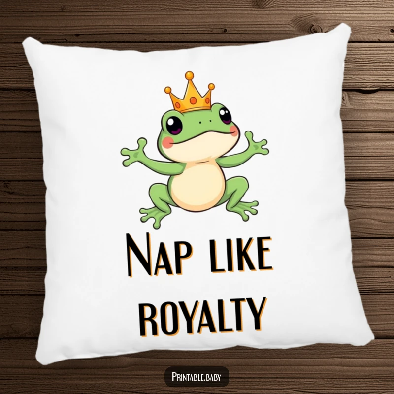 Funny leaping frog wearing a tiny crown, mid-air, a humorous pillow for cozy, royal relaxation.