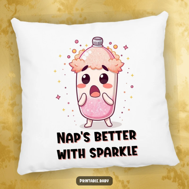 Funny pillow showcasing a surprised glitter shaker character mid-explosion of shimmering dust, soft and humorous.