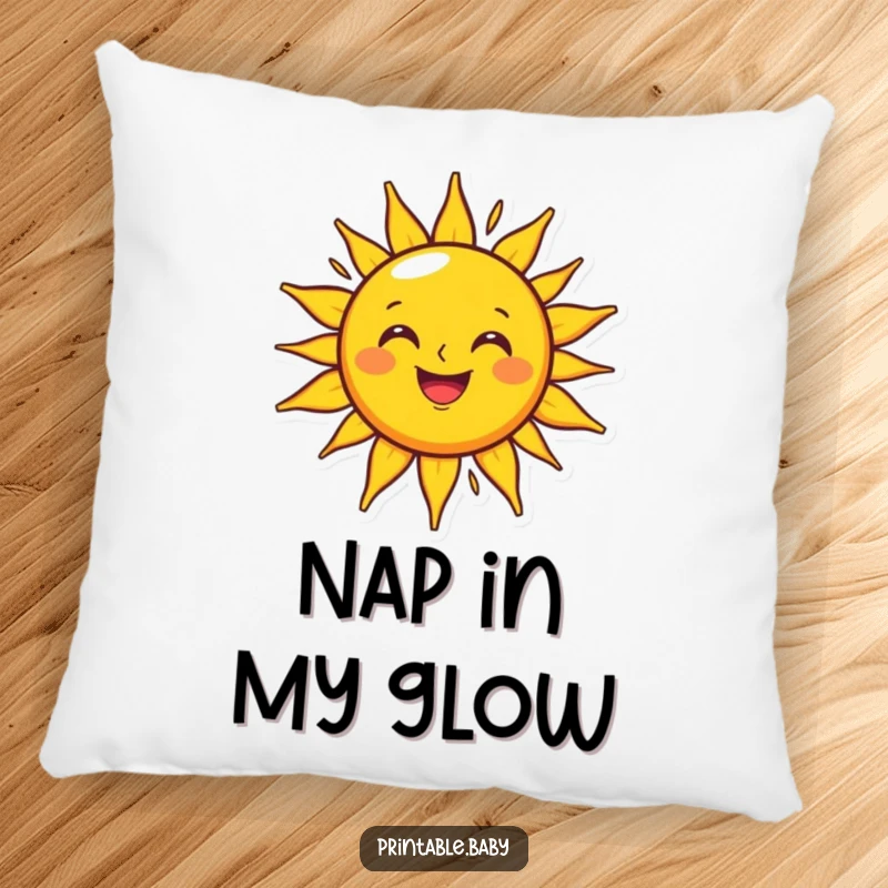 Funny grinning sun pillow featuring a happy character beaming light on an outline, perfect for comfort and cheerful decor.