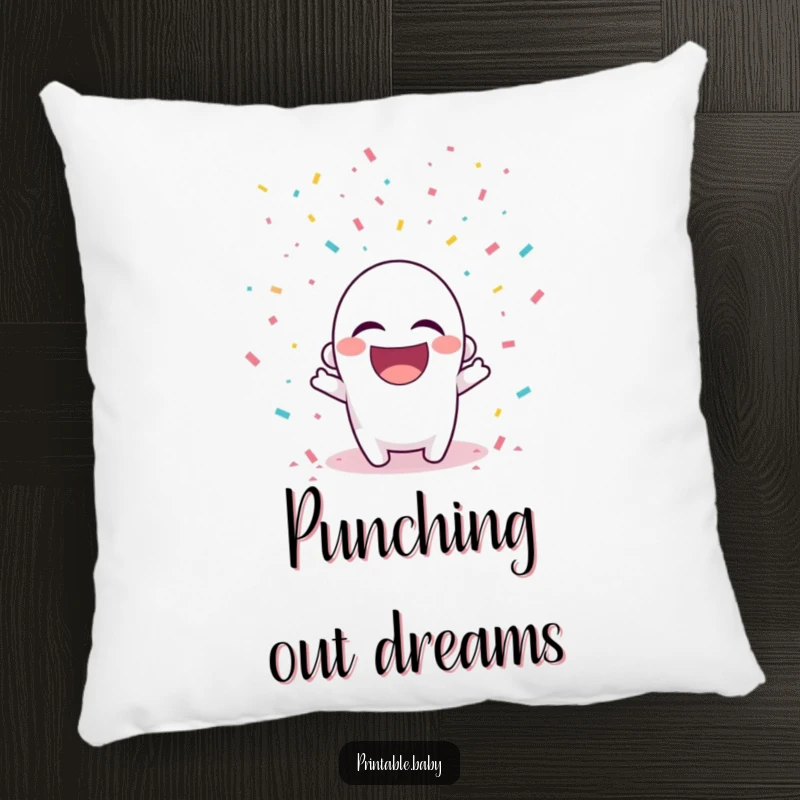 Funny pillow featuring a laughing hole punch character with colorful confetti falling around it.