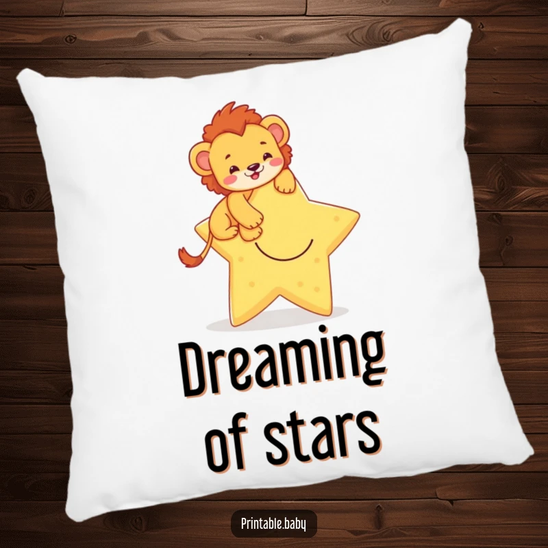 Funny pillow featuring a brave lion cub climbing a smiling star, offering comfort and a symbol of courage and dreams.
