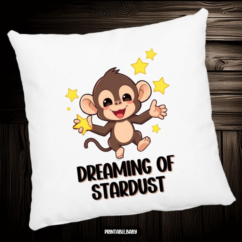 Funny pillow with a mischievous monkey juggling bright, glowing stars, offering soft, humorous, and celestial comfort.