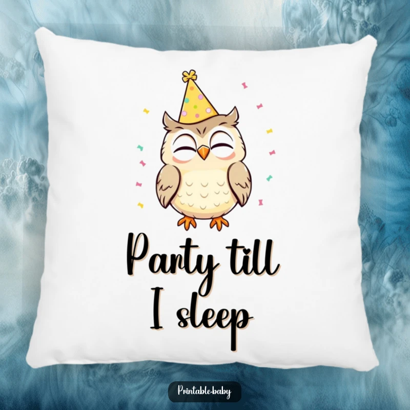 Funny decorative pillow featuring a giggling owl wearing a party hat with confetti falling, perfect for adding festive charm.