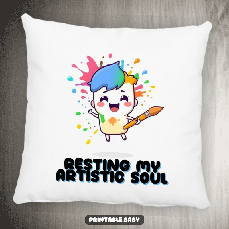 Funny paintbrush rainbow pillow with a cheerful paintbrush character splattering rainbow colors, soft and artistically decorative.