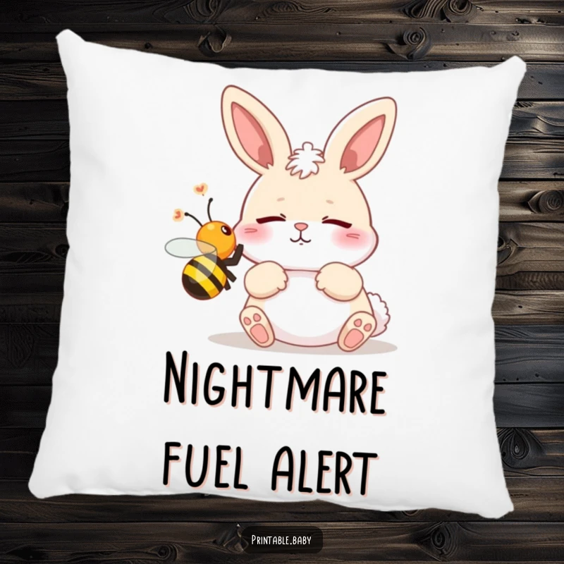 Funny pillow showcasing a soft illustration of a bunny startled by a buzzing bee, perfect for adding comfort and humor.