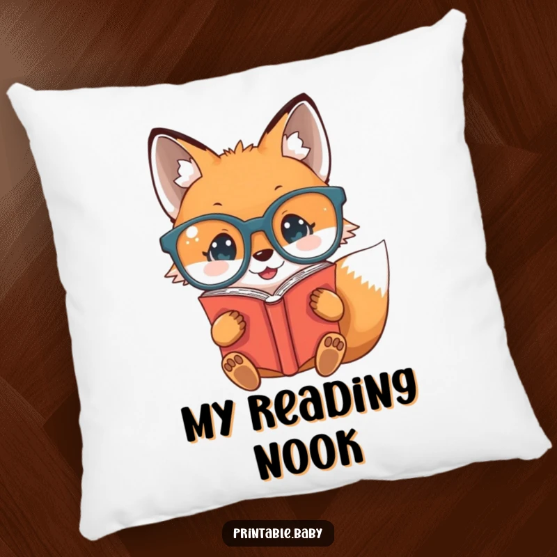 Funny baby fox wearing glasses, reading a book upside down, on a soft pillow, ideal for cozy humor.