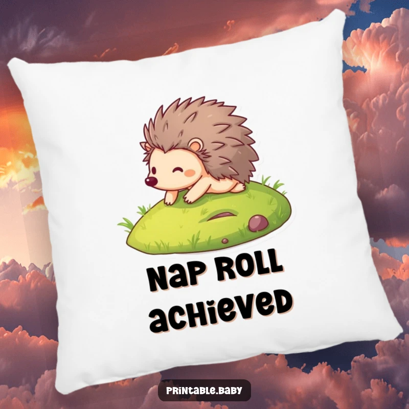 Funny pillow designed with a smiling hedgehog rolling down a green hill, a symbol of pure, lighthearted bliss.