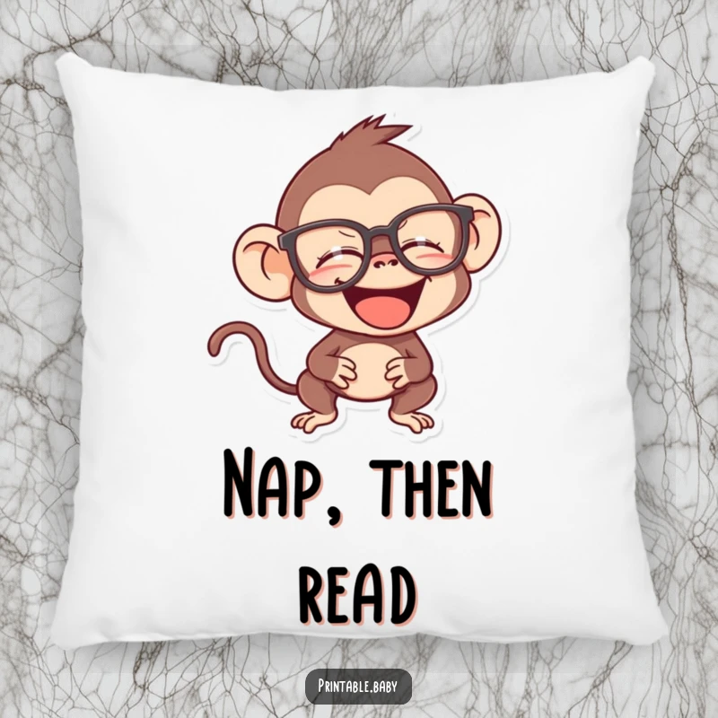 Funny monkey pillow, mischievous primate giggling behind oversized spectacles, soft and humorous decorative cushion.