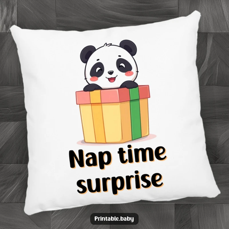 Funny plush pillow featuring a cheerful panda bear emerging from a giant gift box, creating a cozy and whimsical feel.