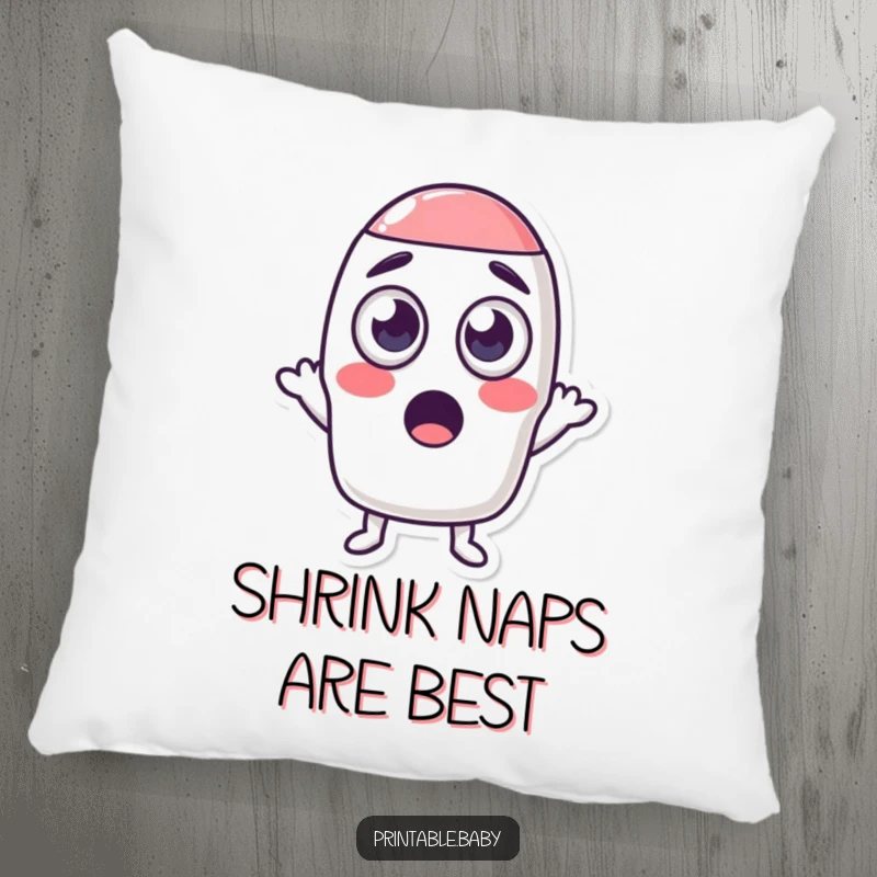 Funny pillow with a startled eraser character and wide eyes shrinking a shape, providing comfort and a humorous decorative touch.
