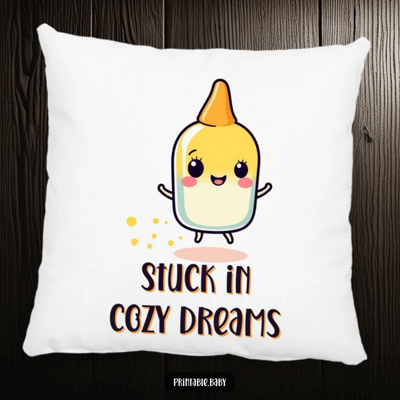 Funny glue stick sparkle pillow with a happy glue stick character leaving a trail of sparkly dots, soft and decoratively charming.