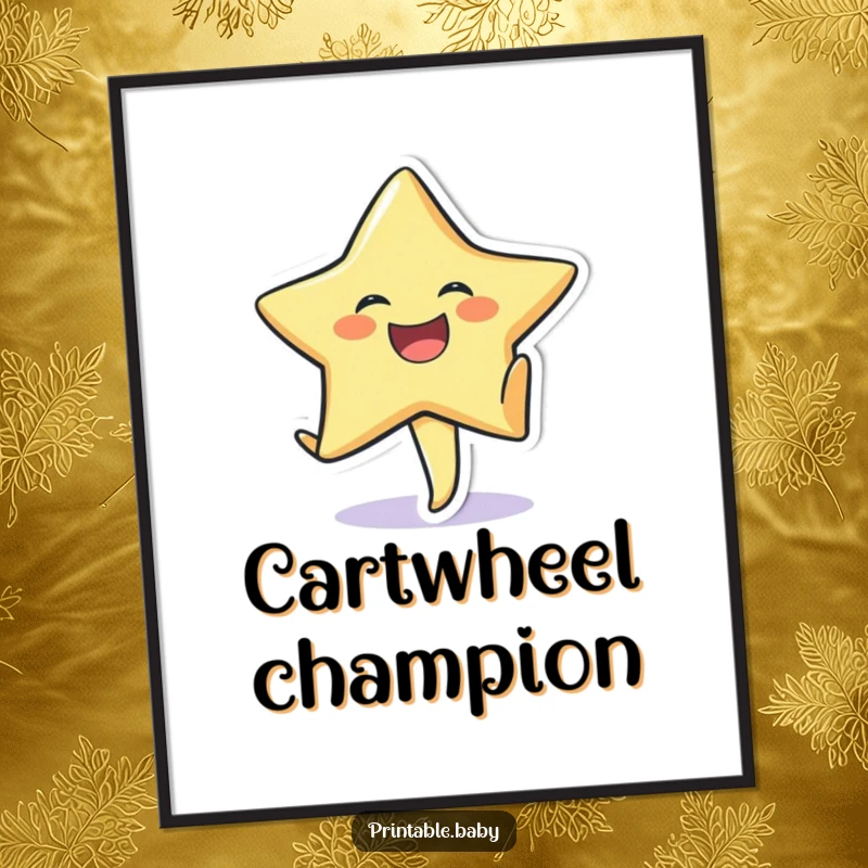 Funny digital art of a laughing star sticker character doing a cartwheel on textured paper.