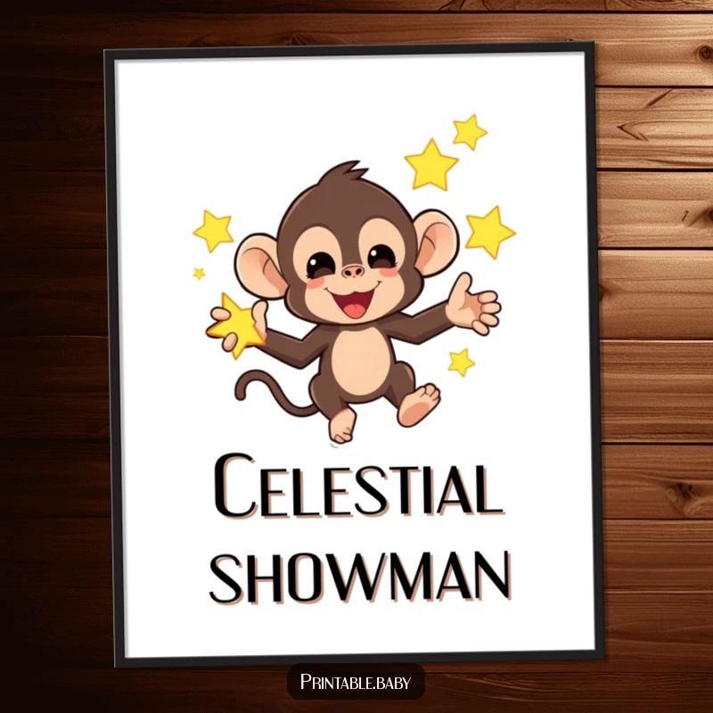 Funny digital art print of a mischievous monkey juggling bright, glowing stars, offering instant humorous and playful decor.