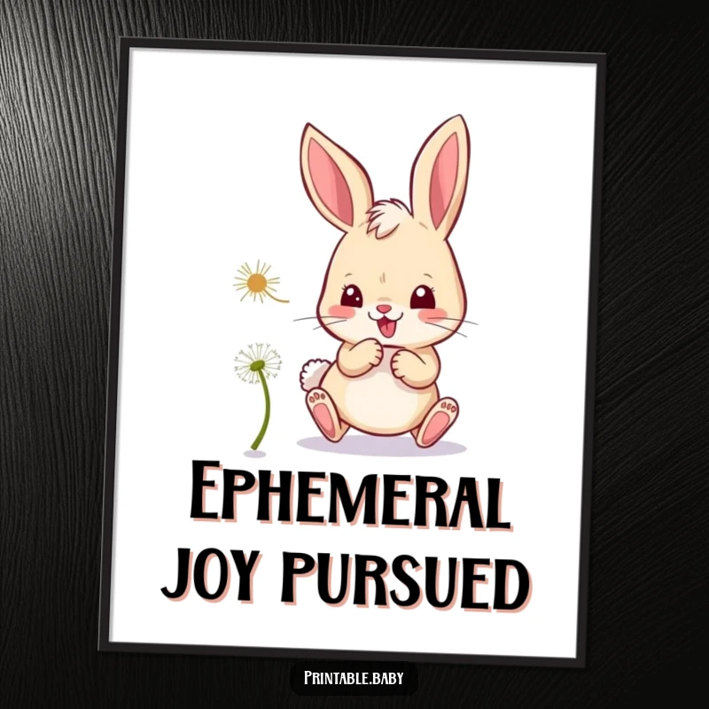 Funny bunny digital art print, mischievous bunny playfully chasing a dandelion seed, whimsical decor.