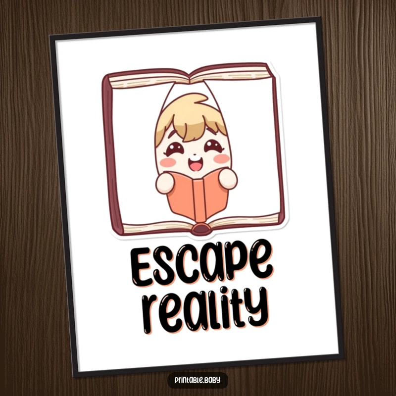 Funny Digital Art Print of a smiling book character peeking from pages, perfect for instant, humorous home decor.