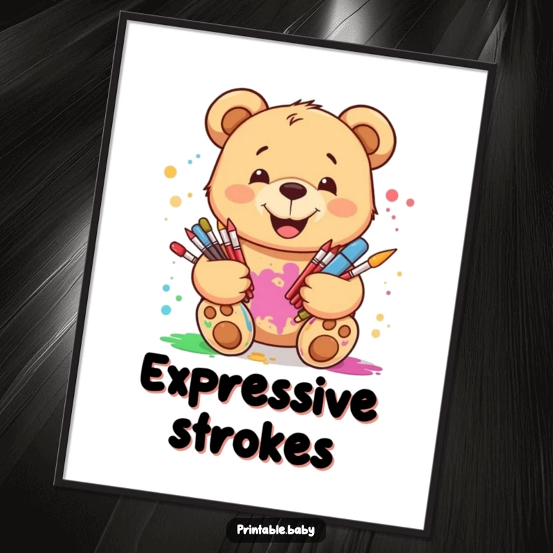 Funny smiling teddy bear digital art print, holding art supplies with paint splatters, for instant creative and humorous wall decor.
