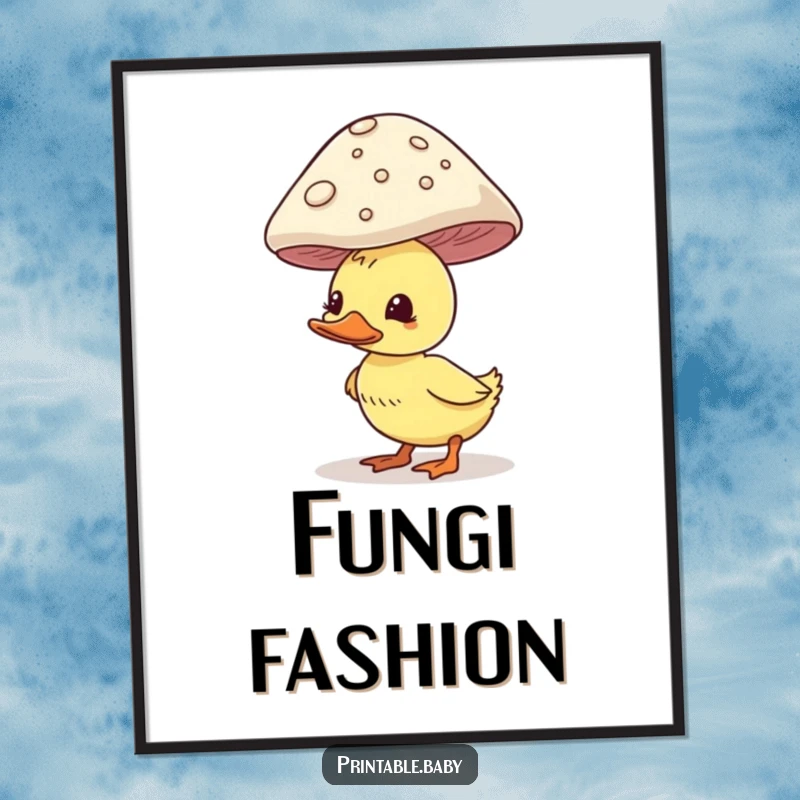 Funny duckling digital art print, comically balancing a large mushroom on its head, whimsical wall art.