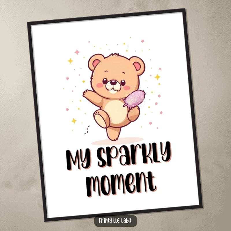Funny Bear Cub Glitter Digital Art Print of a tiny bear cub kicking a glitter bomb in a shower of sparkles, capturing pure, humorous delight.