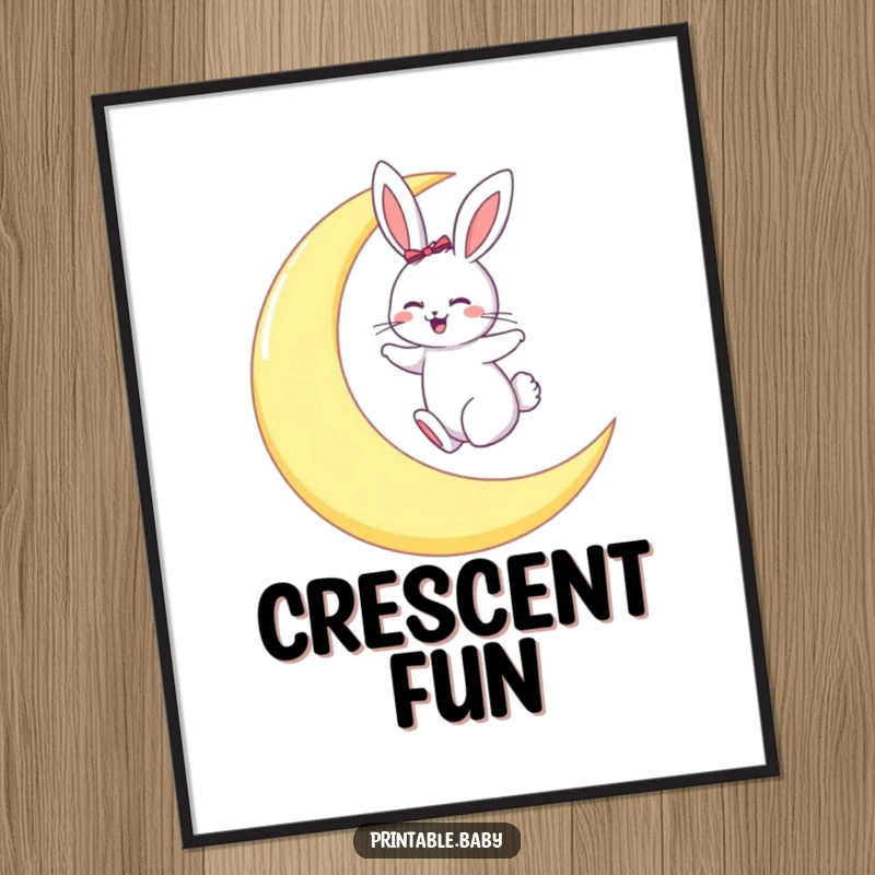 Funny digital art print of a giggling bunny joyfully hopping on a large, radiant crescent moon, evoking nighttime magic.