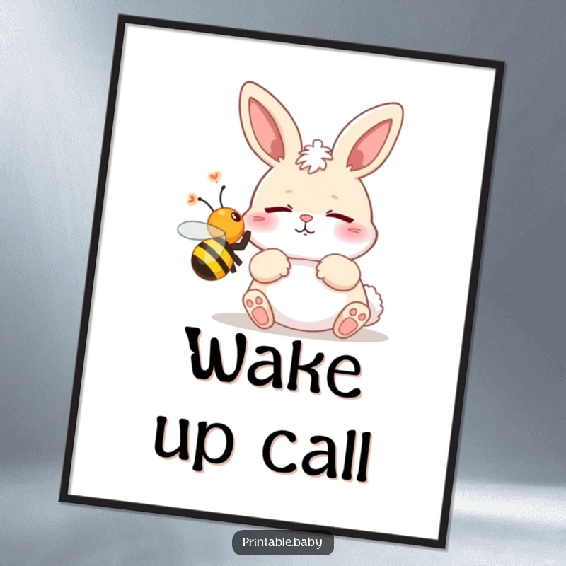 Funny digital art print showing a bunny startled by a bee, perfect for immediate download and humorous wall decor.