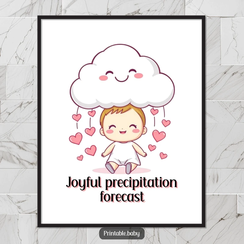 Funny cloud digital art print, a smiling cloud raining small hearts onto a happy child, for decor.