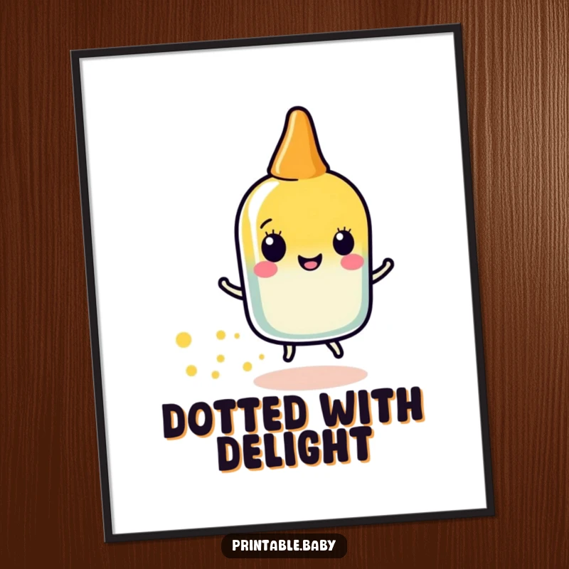 Funny glue stick sparkle digital art print of a happy glue stick character leaving a trail of sparkly dots, ready to download.