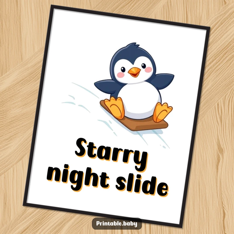 Funny digital art print of a happy penguin sliding down a starry, icy slope, capturing playful winter moments. Instant download art.
