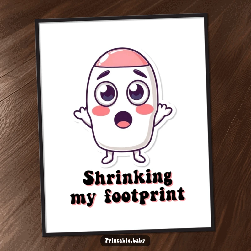 Funny digital art print of a shocked eraser character with large eyes shrinking a shape, a whimsical and humorous downloadable artwork.