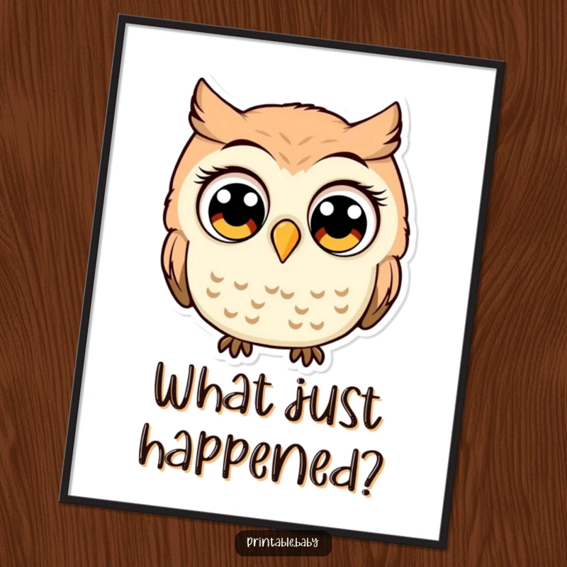 Funny owl with comically large, wide eyes, looking startled, humorous digital art print for amusing, wide-eyed decor.