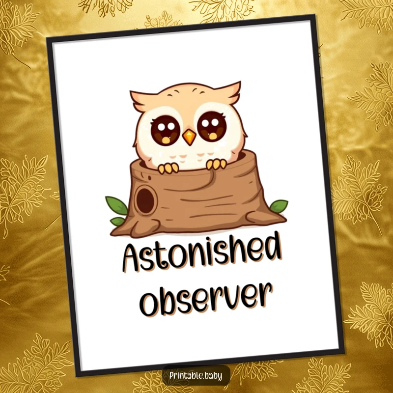 Funny surprised owl digital art print, tiny bird peeking from a log, printable wall decor with cheerful humor.