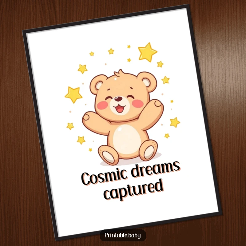 Funny teddy bear digital art print, delighted bear catching falling sparkling stars, whimsical decor.