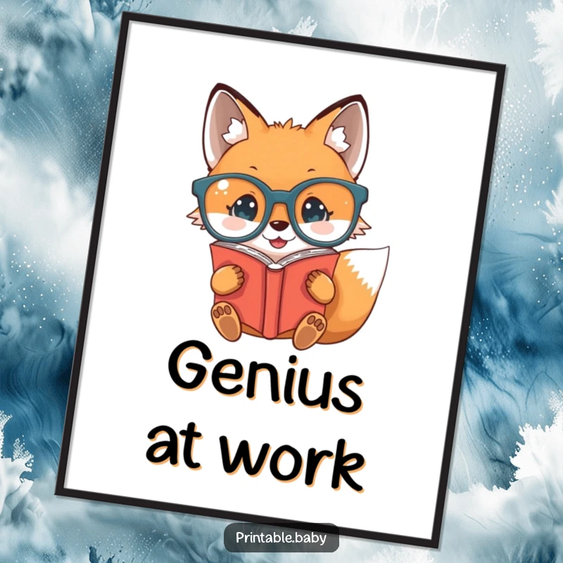 Funny baby fox with oversized glasses reading a book upside down, ready to download and print for humorous decor.